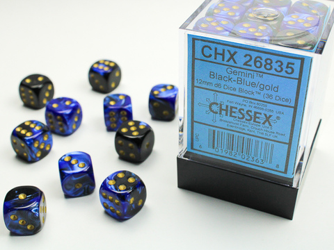 Gemini 12mm d6 Black-Blue/gold Dice Block (36 dice)