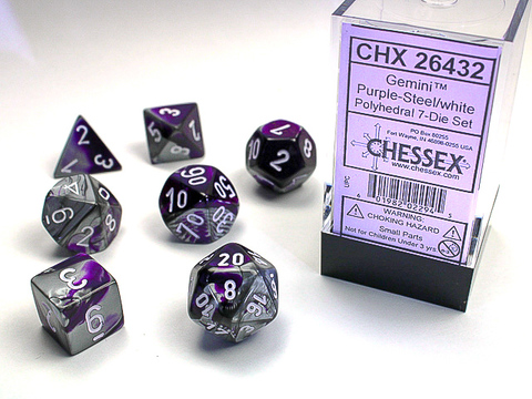 Gemini Polyhedral Purple-Steel/white 7-Die Set