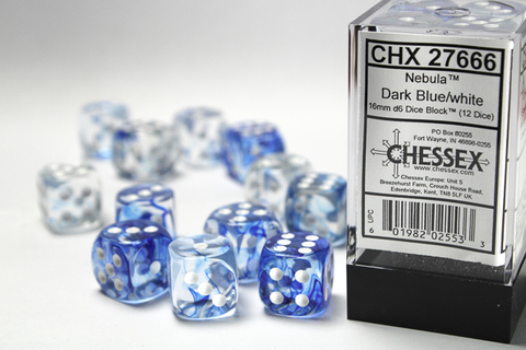 Nebula® 16mm d6 Dark Blue/white Dice BlockT (12 dice)